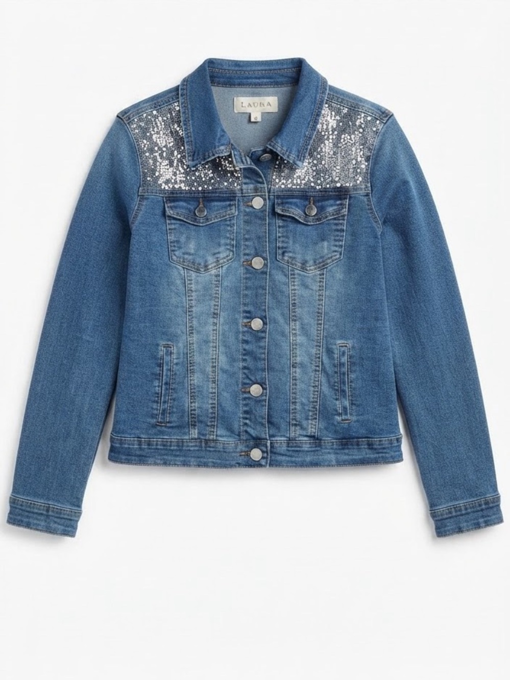LAURA Silver Sequin Denim Jacket  Sparkle Medium Wash Jean Coat / Size 4